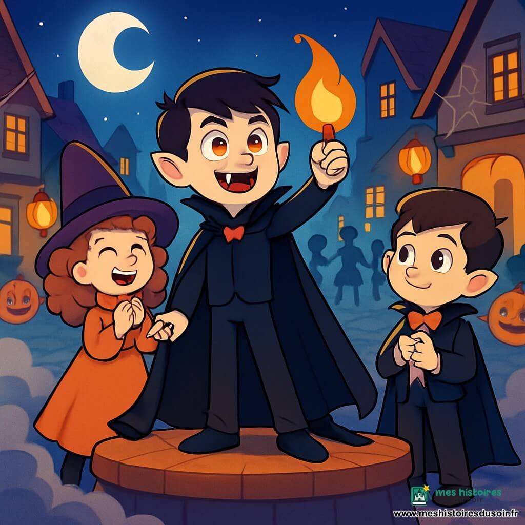 Nox, un jeune vampire en cape noire, se tient sur une scène éclairée par des lanternes orange, son visage rayonnant d'excitation. À ses côtés, Lila, une petite sorcière aux cheveux bouclés, applaudit joyeusement. Théo, un vampire en costume trop grand, admire Nox, ses joues rosies par l'excitation. La scène se déroule sur une place animée, entourée de maisons décorées de toiles d'araignées et de citrouilles souriantes, sous une lune brillante. Nox, tenant la Flamme-Lune, s'apprête à allumer la Grande Citrouille, tandis qu'une brume légère crée une atmosphère magique et mystérieuse d'Halloween.