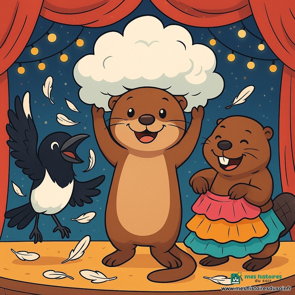 Au centre, Zoé la Loutre, avec son pelage brun et doux, sourit joyeusement en tenant un drap blanc au-dessus de sa tête. À sa droite, Nino le Castor rit en essayant d'ajuster une jupe colorée trop grande pour lui. À gauche, Rina la Pie bat des ailes, lançant des plumes en l'air avec un cri de joie. En arrière-plan, un théâtre coloré avec des rideaux rouges et des guirlandes de lucioles crée une ambiance festive. La scène montre les amis en répétition de leur pièce de théâtre, riant ensemble au milieu d'un nuage de plumes.