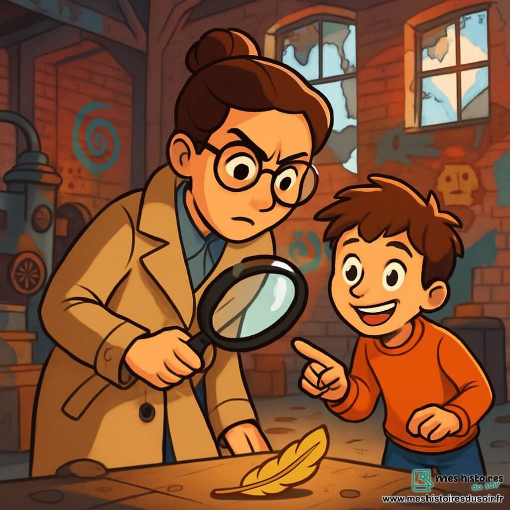 Léa Dupin, détective d'une trentaine d'années, est au centre de l'image, avec des cheveux bruns en chignon et des lunettes rondes. Elle porte un trench-coat beige et examine une plume dorée au sol avec une loupe, affichant une concentration intense. À ses côtés, Timothée, un garçon de 10 ans aux cheveux châtains en bataille, pointe la plume avec un grand sourire, prêt à écouter Léa. Le décor d'une vieille usine abandonnée, avec des murs de briques rouges et des fenêtres brisées, crée une atmosphère mystérieuse. Léa et Timothée enquêtent pour retrouver une statue de lion disparue, avec un sentiment d'aventure palpable.