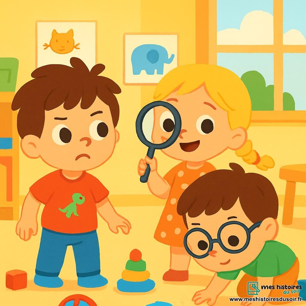 Un petit garçon de 2 ans, Nino, aux cheveux bruns en bataille et aux grands yeux curieux, regarde autour de lui avec une expression inquiète. Il porte un t-shirt rouge avec un dinosaure et un pantalon bleu. À ses côtés, Zoé, une fille de 3 ans aux cheveux blonds tressés et en robe à pois, tient une loupe en plastique et sourit. Tom, un garçon de 3 ans avec des lunettes rondes et un t-shirt vert, est accroupi, examinant le sol. La scène se déroule dans une salle de classe colorée avec des murs jaunes et des dessins d'animaux. Nino, Zoé et Tom sont en pleine enquête pour retrouver le doudou de Nino, Monsieur Lapin, cherchant dans chaque recoin, transformant leur recherche en une aventure pleine de mystères et de rires.