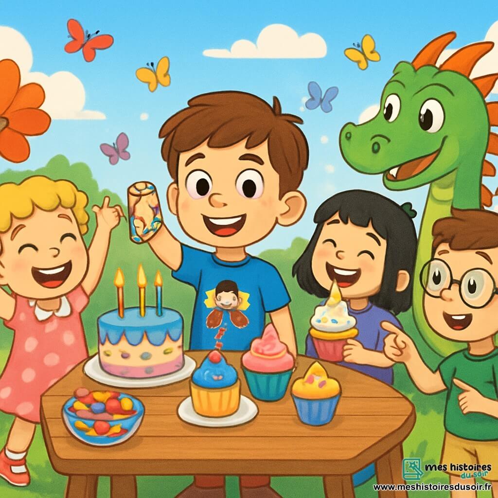 Quatre enfants célèbrent l'anniversaire de Lucas dans une clairière enchantée. Lucas, 8 ans, sourit au centre, tenant un bracelet coloré. À gauche, Mia, également 8 ans, lève les bras en signe de joie dans sa robe rose à pois. À droite, Tom, 8 ans, en t-shirt vert, pointe un dragon magique. Derrière, Clara, 8 ans, rit en tenant un cupcake licorne. La clairière est remplie de fleurs géantes et d'une table de gâteaux sous un ciel bleu, avec des papillons multicolores ajoutant à l'ambiance festive.