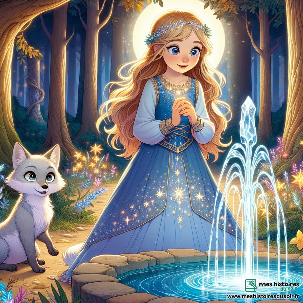 La princesse Lyria, une jeune fille d'environ 12 ans aux longs cheveux dorés et aux yeux curieux, se tient au bord d'une fontaine cristalline, son visage rayonnant d'émerveillement et de détermination. Elle porte une robe bleue ornée de motifs d'étoiles scintillantes, tendant les mains vers l'eau lumineuse. À ses côtés, Sylas, un renard argenté aux yeux malicieux, l'observe avec encouragement. Ils se trouvent dans une clairière enchantée de la Forêt des Murmures, entourés d'arbres majestueux et de fleurs luminescentes. Lyria est prête à découvrir le secret de la prophétie, les yeux brillants d'espoir, alors que la fontaine s'illumine, symbolisant l'harmonie à rétablir dans son royaume.