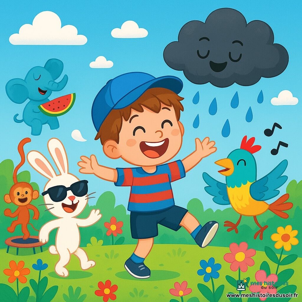 Un petit garçon de 6 ans nommé Max, avec des cheveux châtains en bataille et un grand sourire, porte un t-shirt rayé rouge et bleu et une casquette bleue. Il danse avec enthousiasme au milieu de monstres rigolos, ses yeux pétillants de bonheur. À côté de lui, un lapin aux lunettes de soleil et un oiseau coloré chantent, tous deux souriants. Le décor est un monde fantastique rempli de fleurs multicolores, d'éléphants jonglant et de singes dansant, sous un ciel bleu éclatant. La scène montre Max et ses amis dansant joyeusement, entourés de rires et de magie, tandis qu'un nuage noir amusé danse avec eux, faisant pleuvoir des gouttes de joie.