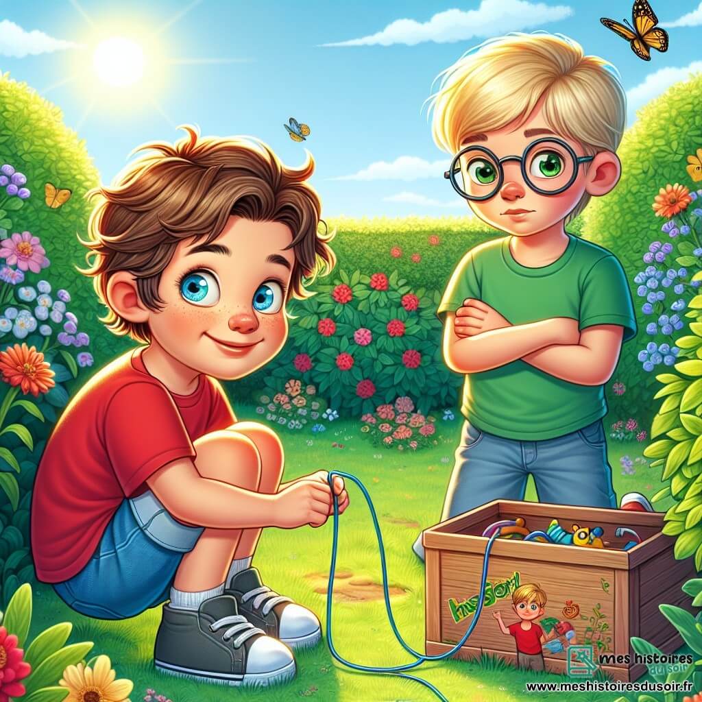 Deux garçons, Tom et Max, tous deux âgés de 7 ans, sont dans un jardin. Tom, avec des cheveux châtains en bataille et un t-shirt rouge, est accroupi près d'une boîte de jouets, l'air excité. Max, aux cheveux blonds et lunettes rondes, porte un t-shirt vert et observe son ami, les bras croisés, avec curiosité et inquiétude. Le jardin est fleuri, avec un grand buisson vert en arrière-plan. Tom ment à Max en disant que la boîte contient un trésor, tandis que Max, sceptique, le regarde. La scène illustre l'innocence de l'enfance et la tension d'un petit mensonge.