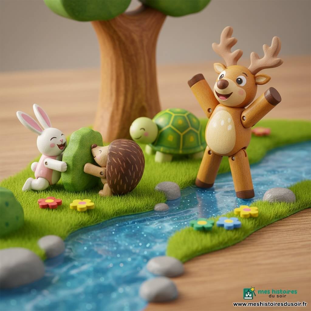 Riri le renne joyeux, pelage brun clair et bois décoratifs, lève les sabots en signe de victoire au bord d'une rivière scintillante; à sa gauche Mimi le petit lapin blanc et rose rit coincé dans un buisson pendant que Toto le hérisson brun l'aide à en sortir, Lili la tortue à carapace verte sourit un peu en retrait; herbe épaisse, fleurs colorées, gros arbre en arrière-plan, ambiance lumineuse aux couleurs chaudes, style diorama de jouets simple avec fond flou doux.