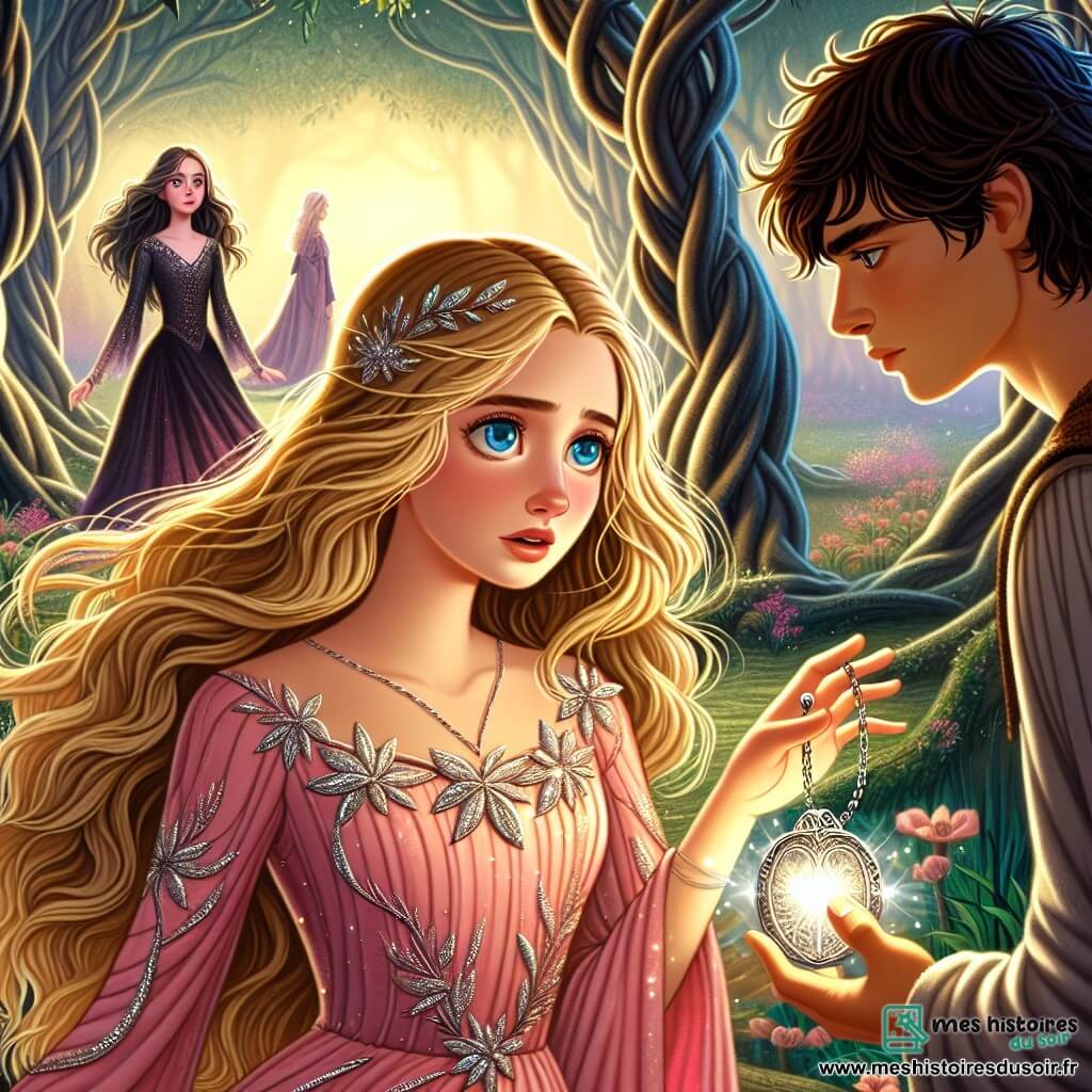 La princesse Éléonore, âgée d'environ 16 ans, se tient au centre de la scène, avec des cheveux dorés et des yeux azur. Elle porte une robe rose ornée de fleurs scintillantes et tend la main vers un médaillon argenté, symbole de lumière. À ses côtés, Théo, un jeune homme de 18 ans aux cheveux sombres, l'admire et se prépare à la soutenir. En arrière-plan, la sorcière Morgana, d'une quarantaine d'années, observe la scène avec mélancolie, vêtue d'une robe noire. Le décor est une clairière magique de la Forêt des Murmures, où des arbres majestueux et des fleurs colorées créent une atmosphère mystérieuse. Éléonore tend le médaillon vers Morgana, symbolisant l'espoir et la rédemption, tandis que la lumière se répand autour d'eux.