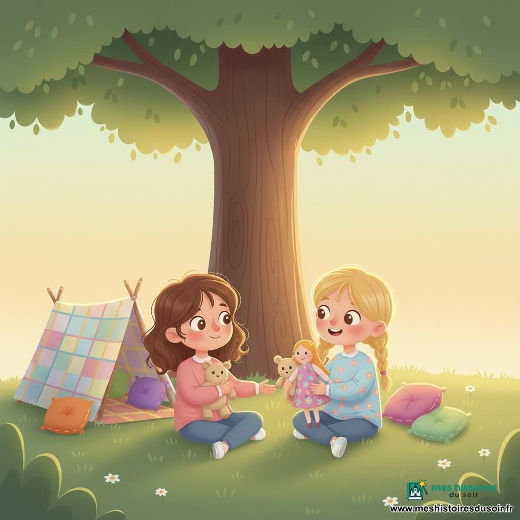 Deux fillette de 4 ans assises sous un grand arbre sur une pelouse parsemée de pâquerettes : une brune aux cheveux mi-longs bouclés et regard timide serre un doudou beige tandis que Mina, blonde en nattes, lui rend le doudou en souriant ; à côté, une cabane improvisée en couverture et coussins ; ambiance fin d’après-midi, couleurs pastel et atmosphère douce et rassurante.