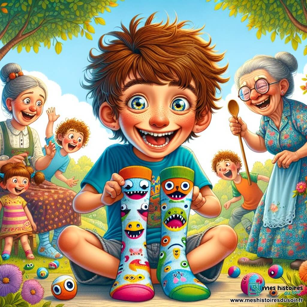 Un garçon de 12 ans, Lucas, avec des cheveux bruns en bataille et des yeux pétillants, se tient au centre de l'image, riant aux éclats. Il porte un t-shirt coloré avec des dinosaures et un short bleu. À ses pieds, deux chaussettes multicolores aux yeux clignotants semblent danser et sourire. En arrière-plan, une vieille dame aux cheveux gris, vêtue d'une robe à fleurs, observe la scène avec un sourire, tenant une cuillère en bois. À sa droite, un groupe d'enfants, dont une fille aux couettes et un garçon avec un chapeau en forme de couronne, s'amusent avec des chapeaux extravagants. Le parc ensoleillé est rempli de fleurs colorées et d'arbres verdoyants, sous un ciel bleu clair. Lucas et ses chaussettes font rire les enfants en racontant des blagues, tandis que les oiseaux chantent, créant une atmosphère de joie et d'amitié.