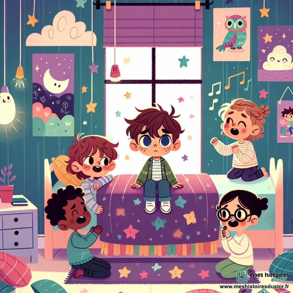 Dans une chambre chaleureuse, quatre amis se rassemblent. Lucas, 7 ans, inquiet, est assis sur le lit. À ses côtés, Mia, 6 ans, lui tient la main avec un sourire. Tom, 8 ans, chante près de la fenêtre, tandis que Lila, 7 ans, colle des étoiles brillantes au plafond. La chambre aux murs pastel est décorée de posters de nuages et de papillons, éclairée par une veilleuse en forme de lune. Ils décorent pour rendre la nuit moins effrayante, chantant ensemble et transformant leur peur en joie.
