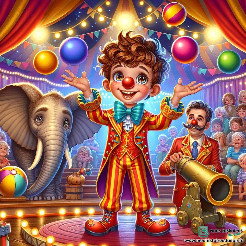 Lucas, un garçon de 10 ans aux cheveux châtains en bataille et aux yeux curieux, sourit au centre de la scène en jonglant avec des balles multicolores, vêtu d'un costume de clown coloré. À ses côtés, un homme d'environ 35 ans avec une moustache épaisse et un costume brillant se prépare à être propulsé, ajustant son casque rouge avec un sourire malicieux. En arrière-plan, un éléphant majestueux observe la scène. Le chapiteau du cirque est rempli de lumières scintillantes et de spectateurs attentifs, créant une atmosphère magique d'excitation.