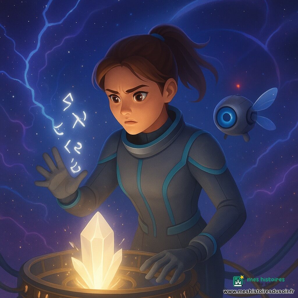 Jeune femme, Maëla, visage déterminé mais épuisé, cheveux châtain en queue de cheval, combinaison spatiale grise à liserés turquoise, une main gantée posée sur un cristal lumineux et l’autre traçant des runes brillantes ; drone sphérique Piko, mécanique avec ailes translucides et œil-lentille bleu, vole au-dessus de son épaule droite avec un petit halo rouge clignotant d’inquiétude ; plateforme de maintenance flottante en métal ornée de glyphes dorés, câbles luminescents et grand générateur-cristal central pulsant en blanc chaud ; autour, tempête d’énergie d’arcs bleu-violine et poussières stellaires dorées, anneau magnétique en arrière-plan ; Maëla force l’allumage de l’étoile artificielle en transférant sa volonté au cristal, scène tendue et héroïque, éclats de lumière blanche et petites étincelles noires résiduelles, atmosphère dramatique mais adaptée aux enfants.