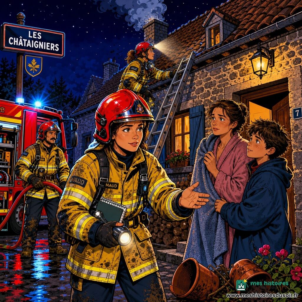 Maud, pompier au visage déterminé et bienveillant, casque rouge et veste jaune couverte de suie, rassure une famille en tendant la main tandis qu’elle tient une lampe torche et un carnet ; Karim, moustachu, bottes boueuses, vigilant près du camion rouge prêt à dérouler un tuyau ; Julie, cheveux noués, masque autour du cou, lampe frontale allumée sur une échelle, inspecte les combles ; Léo, garçon d’environ 13 ans, manteau trop grand, couvre sa mère d’une couverture en la regardant avec admiration et inquiétude ; la mère, en robe de chambre, soulagée mais troublée, devant la porte du salon ; maison en pierre du hameau des Châtaigniers avec toit en tuiles, fumée grise s’échappant de la cheminée, pots renversés et bûches humides ; scène nocturne éclairée par les phares du camion et lampes frontales, reflets orange sur les pierres, contrastes nets et couleurs vives dans une composition centrée sur Maud.
