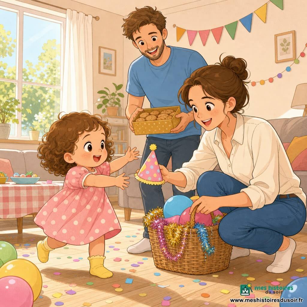 Une fillette de 2 ans, joyeuse et curieuse, cheveux bruns bouclés, grands yeux noisette, robe rose à pois blancs et petites chaussettes jaunes, marchant à petits pas et tendant la main vers un chapeau de fête ; la mère, environ 30 ans, souriante, cheveux châtain en chignon, chemise claire, accroupie près d’elle avec un panier de ballons et guirlandes ; le père, environ 32 ans, barbe légère, tee‑shirt bleu, debout derrière elles, riant doucement et tenant une boîte de biscuits ; salon lumineux au parquet clair et grande fenêtre laissant entrer la lumière du matin, table basse avec nappe à carreaux, guirlande multicolore au mur et confettis au sol ; scène d’un anniversaire intime, ambiance douce aux couleurs pastel, expressions chaleureuses et gestes attentionnés.