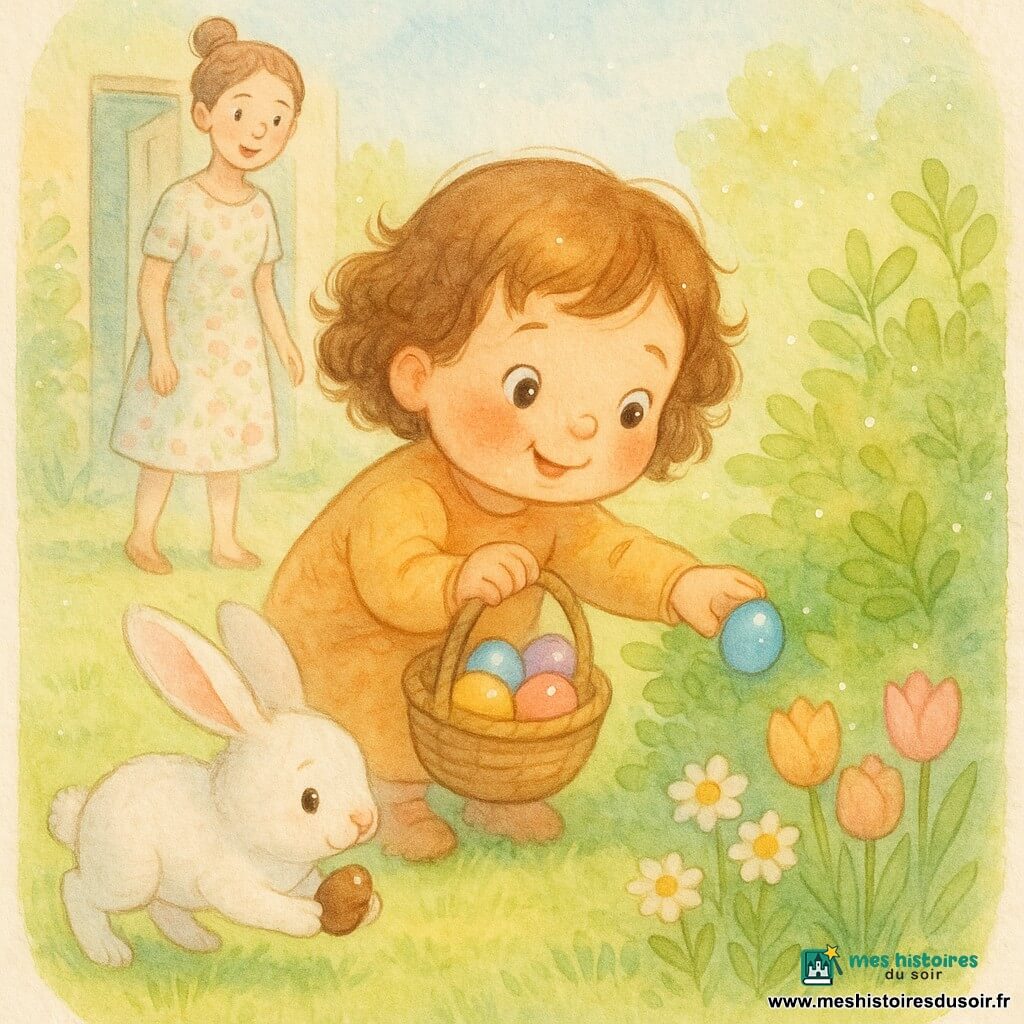 Petite fille de 2 ans, heureuse et émerveillée, cheveux châtains bouclés coupés au carré, joues rosées, grands yeux noisette, tenant un petit panier en osier et ramassant un œuf bleu brillant derrière un buisson; mère d’environ 30 ans, souriante et bienveillante, chignon, robe légère à fleurs, se tenant près de la porte du jardin en regardant la fillette; lapin blanc doux bondissant au premier plan, oreilles longues, pelage duveteux, tenant un œuf en chocolat près d’un parterre de tulipes et pâquerettes; jardin de printemps ensoleillé avec pelouse verte et buissons, ciel bleu pâle et lumière matinale; chasse aux œufs de Pâques, panier déjà rempli d’œufs colorés, atmosphère joyeuse et calme, cadres simples et formes rondes, couleurs pastel, textures aquarelle et touches de stylo gel blanc pour les reflets.