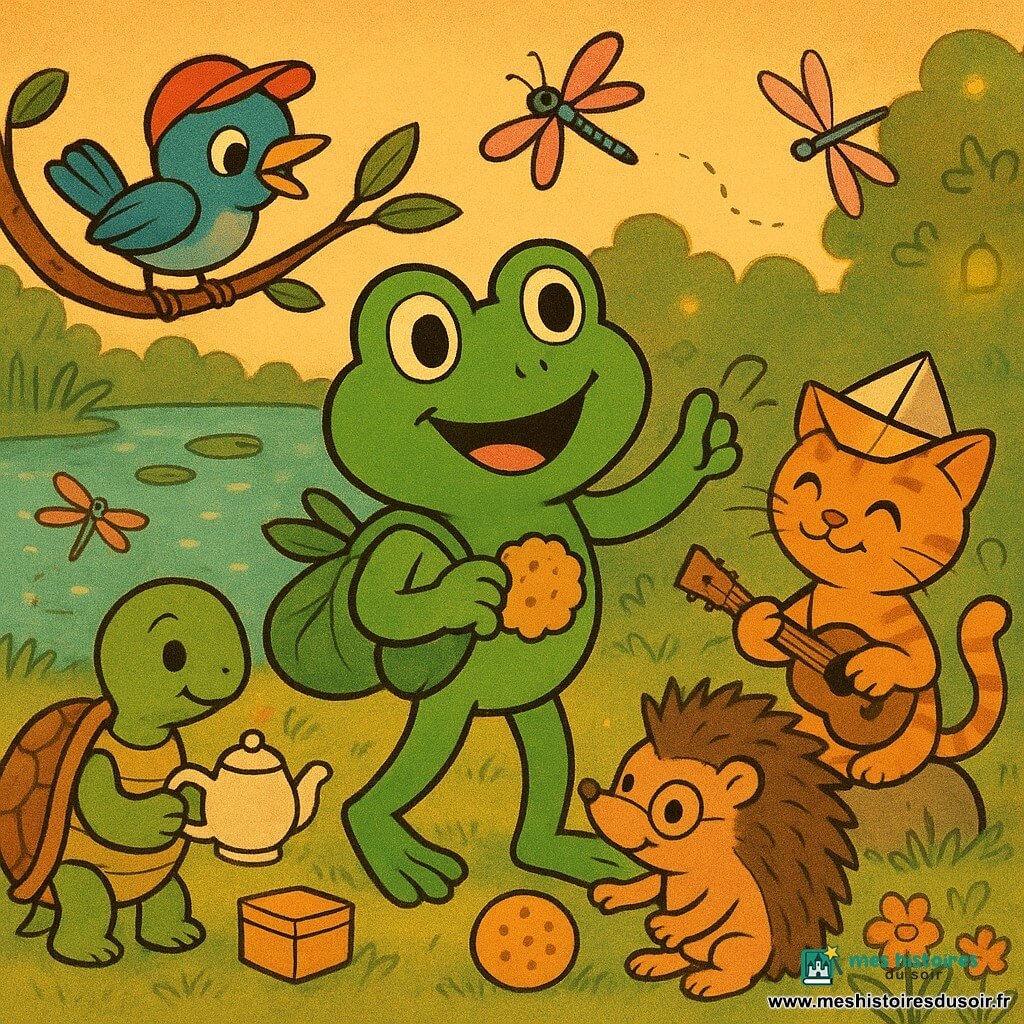 Une grenouille verte souriante, sac en feuille et biscuit au miel, frappe une porte invisible au bord d'un étang au crépuscule, entourée en cercle par un oiseau bleu perché, un chaton rayé jouant du ukulélé, un hérisson malicieux roulant un biscuit et une tortue apportant une boîte de biscuits et une théière, dans une ambiance chaleureuse et ludique de partage, lumière dorée, eaux brillantes et nénuphars.