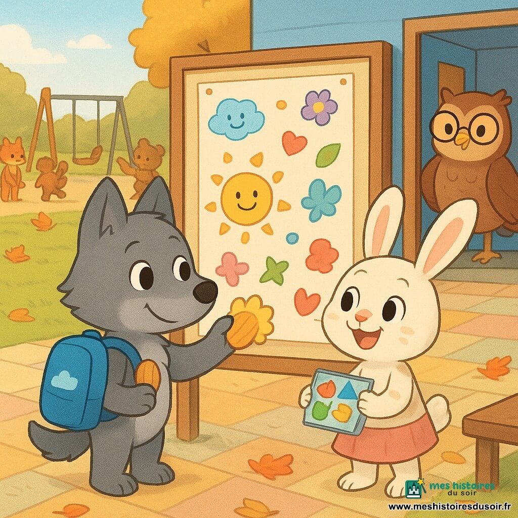 Petit loup anthropomorphe nommé Léo, petit gabarit au pelage gris doux et aux yeux ronds, sourit timidement en collant un autocollant soleil sur la "carte des sourires" devant un grand panneau d'affichage, tenant une madeleine et portant un cartable bleu orné d'un nuage; à ses côtés une petite lapine rieuse au pelage blanc tacheté de beige lui tend une boîte d'autocollants, tandis que la maîtresse chouette ronde aux plumes brunes et lunettes observe depuis l'embrasure de la porte; en arrière-plan, d'autres enfants animaux (renard, écureuil, ourson) et une cour de récréation ensoleillée aux dalles colorées, casiers bleu clair, feuilles d'automne et banc en bois complètent la scène. Résumé : instant chaleureux et lumineux d'entraide à l'école où Léo partage une madeleine et colle un autocollant sur la carte, entouré de regards amicaux.