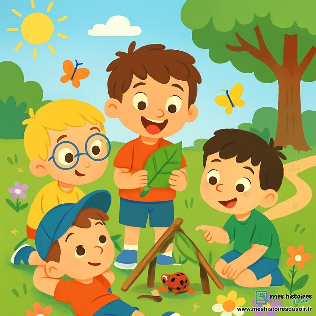 Quatre enfants sont réunis dans un jardin ensoleillé : Louis, 6 ans, avec des cheveux bruns en bataille et un sourire éclatant, tient une feuille verte au centre ; Max, 6 ans, avec des lunettes rondes et des cheveux blonds, observe la feuille avec curiosité ; Hugo, 5 ans, aux cheveux noirs et aux taches de rousseur, pointe une coccinelle rouge sur une fleur ; Tom, 5 ans, avec des cheveux châtains et une casquette bleue, est allongé sur l'herbe en regardant les nuages. Ils construisent une petite maison pour la coccinelle avec des brindilles et des feuilles, souriants et enthousiastes, dans un cadre naturel rempli de fleurs et de papillons.