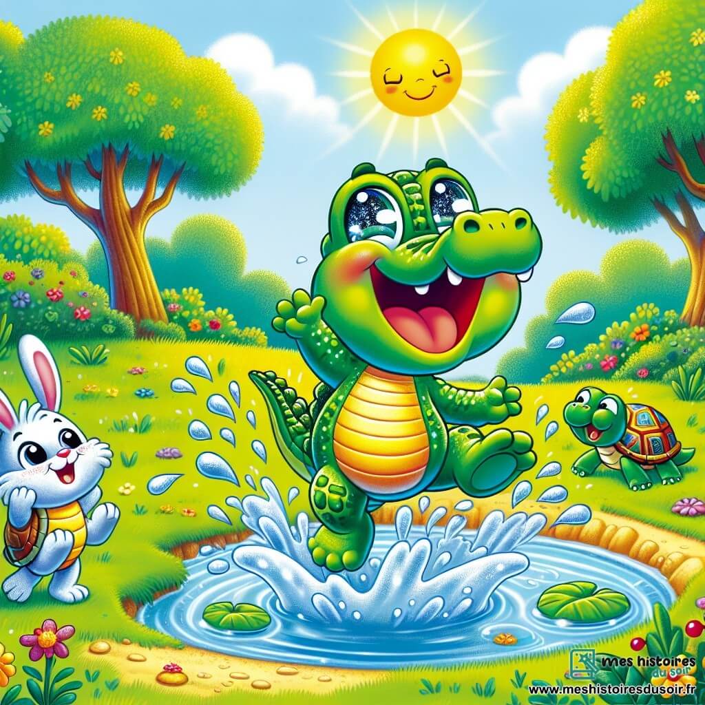Un crocodile nommé Gigi, avec une peau verte brillante et des yeux pétillants, saute dans une flaque d'eau, éclaboussant autour de lui. Il sourit, montrant son enthousiasme. À côté, une tortue nommée Titi, avec une carapace colorée, le regarde en riant, tandis qu'un lapin nommé Lolo, aux grandes oreilles et à la fourrure blanche, se tient en retrait, prêt à sauter. La scène se déroule dans une clairière ensoleillée, entourée d'arbres et de fleurs colorées. Gigi, Titi et Lolo s'amusent à sauter, créant des éclaboussures joyeuses, remplis de rires et de bonheur.