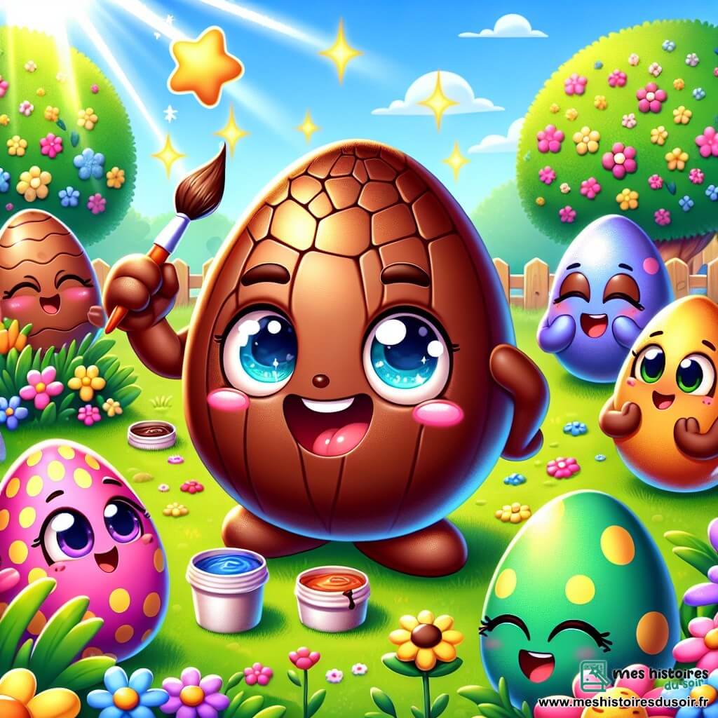 Un petit œuf en chocolat nommé Choco, brillant et coloré, sourit joyeusement tout en tenant un pinceau magique. À ses côtés, d'autres œufs en chocolat aux visages souriants l'observent, dont un œuf bleu qui peint un œuf vert et un œuf rose qui applaudit. La scène se déroule dans un jardin printanier, rempli de fleurs et de verdure, baigné de soleil. Choco et ses amis cachent des œufs décorés sous des fleurs, tandis que des enfants s'approchent pour une chasse aux œufs.