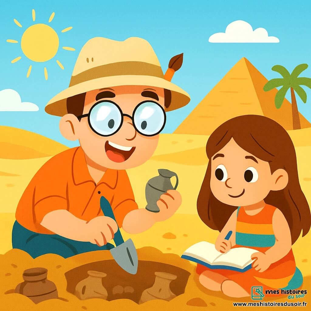 Sami, un homme au centre de l'image, porte de grandes lunettes rondes et un chapeau beige. Accroupi, il tient une pelle et un objet ancien, souriant de découverte. À ses côtés, Lila, une jeune fille de 8 ans aux longs cheveux bruns, observe le sol avec un carnet à croquis sur les genoux, prête à dessiner. Ils se trouvent dans un vaste désert d’Égypte, avec des dunes de sable doré et une pyramide au loin. Ensemble, ils fouillent le sol, découvrant des trésors cachés et rêvant des histoires que ces objets pourraient raconter.