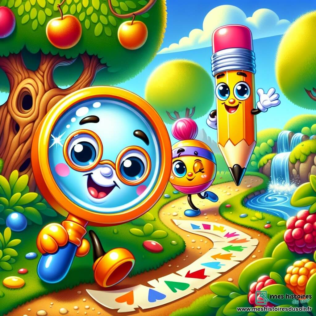 Au centre de l'image, Lino, une petite loupe avec des lunettes rondes et un sourire éclatant, tient une carte au trésor. Ses yeux brillent d'excitation. À côté de lui, Plumy, un crayon à papier joyeux, dessine des flèches sur le sol, curieux. Enfin, Bouton, une bille multicolore, roule avec entrain, prête à découvrir le trésor caché. Le décor est un jardin ensoleillé avec un vieux pommier, un ruisseau scintillant et un buisson à framboises. Lino et ses amis explorent une carte mystérieuse pour une aventure dans leur jardin magique.