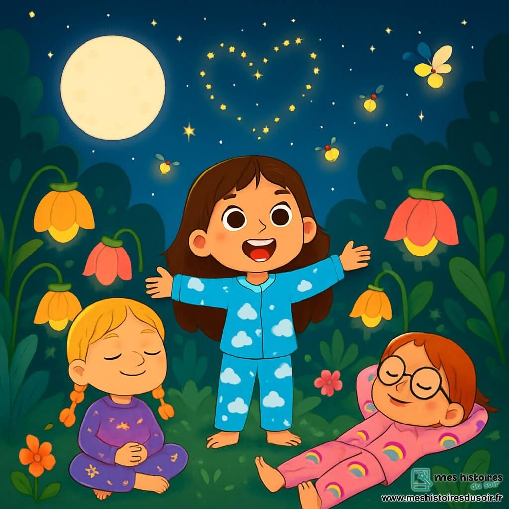 Il y a trois personnages : Léa, une fille de 8 ans aux longs cheveux bruns, portant un pyjama bleu avec des nuages, se tient au centre, émerveillée par le jardin magique. Inès, avec des cheveux blonds et des tresses, est assise sur l'herbe en pyjama violet orné d'étoiles filantes, souriante et apaisée. Zoé, aux cheveux roux et lunettes rondes, est allongée en pyjama rose avec des arcs-en-ciel, regardant les lucioles. L'action se déroule dans un jardin secret rempli de fleurs lumineuses et de lucioles, sous une lune brillante. Les trois amies profitent d'un moment de sérénité, respirant profondément et se laissant porter par la magie du jardin.