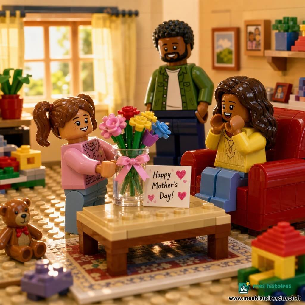 Fille de 6 ans aux couettes châtain clair, visage rond, yeux brillants et sourire timide, tient fièrement un petit vase transparent rempli d’eau et de fleurs colorées, noué d’un ruban rose, debout près d’une petite table basse ; la mère d’environ 35 ans, cheveux longs ondulés, assise dans un fauteuil rouge, se tourne, surprise et attendrie par la découverte, tandis que le père (35–40 ans) se tient en arrière-plan, souriant, mains dans les poches ; décor : salon lumineux en briques LEGO avec table en bois clair, fenêtre au rideau léger laissant passer un rayon de soleil doré, tapis à motifs, quelques jouets et une petite carte avec des cœurs contre le vase, scène de révélation pour la fête des mères, atmosphère chaleureuse, douce, couleurs pastel et détails nets.