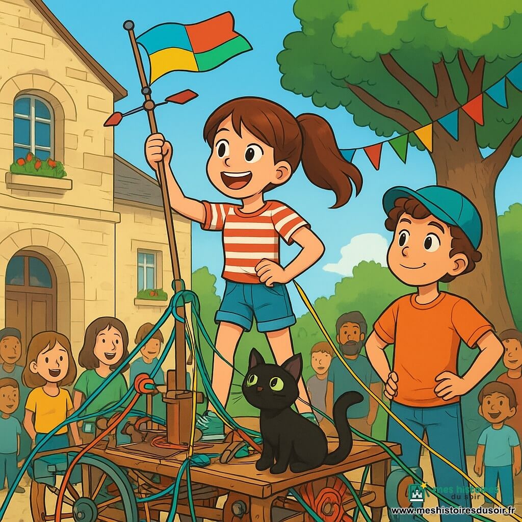 Une fille de 10 ans, avec des cheveux châtains en queue de cheval, porte un t-shirt rayé et un short en jean. Son visage exprime une détermination joyeuse, ses yeux brillants d'excitation alors qu'elle se tient sur une machine bricolée, entourée de ficelles colorées et de vieux objets. À côté d'elle, un garçon de 9 ans, aux cheveux bouclés et portant une casquette, l'observe avec admiration, prêt à l'aider. Un chat noir aux yeux verts, Pivoine, est perché sur le bord de la machine, curieux. La scène se déroule devant la mairie d'un village ancien, avec des guirlandes colorées flottant dans le vent. Des enfants et des adultes se rassemblent autour, enthousiastes. La fille est prête à décrocher un mouchoir coloré suspendu à la girouette, un défi qui l'excite.