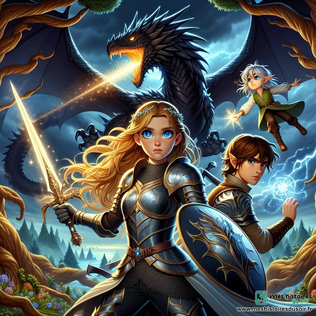 Lyra, une jeune chevaleresse aux longs cheveux d'or, se tient fièrement au centre de la scène, son armure scintillante reflétant la lumière du soleil. Elle brandit une épée étincelante, prête à affronter un dragon noir menaçant qui rugit au-dessus d'elle. À ses côtés, Kael, un jeune homme de 18 ans aux cheveux bruns, se prépare à l'aider, vêtu d'une armure légère et tenant un bouclier. Finn, un petit elfe aux cheveux argentés, lance des éclats de lumière magique vers le dragon depuis une branche d'arbre. Le décor est celui du Royaume des Tempêtes, avec des nuages sombres et des éclairs illuminant le paysage. Lyra et ses amis sont unis face au dragon, prêts à combattre pour protéger leur royaume, illustrant le courage et l'amitié qui les lient dans cette aventure héroïque.