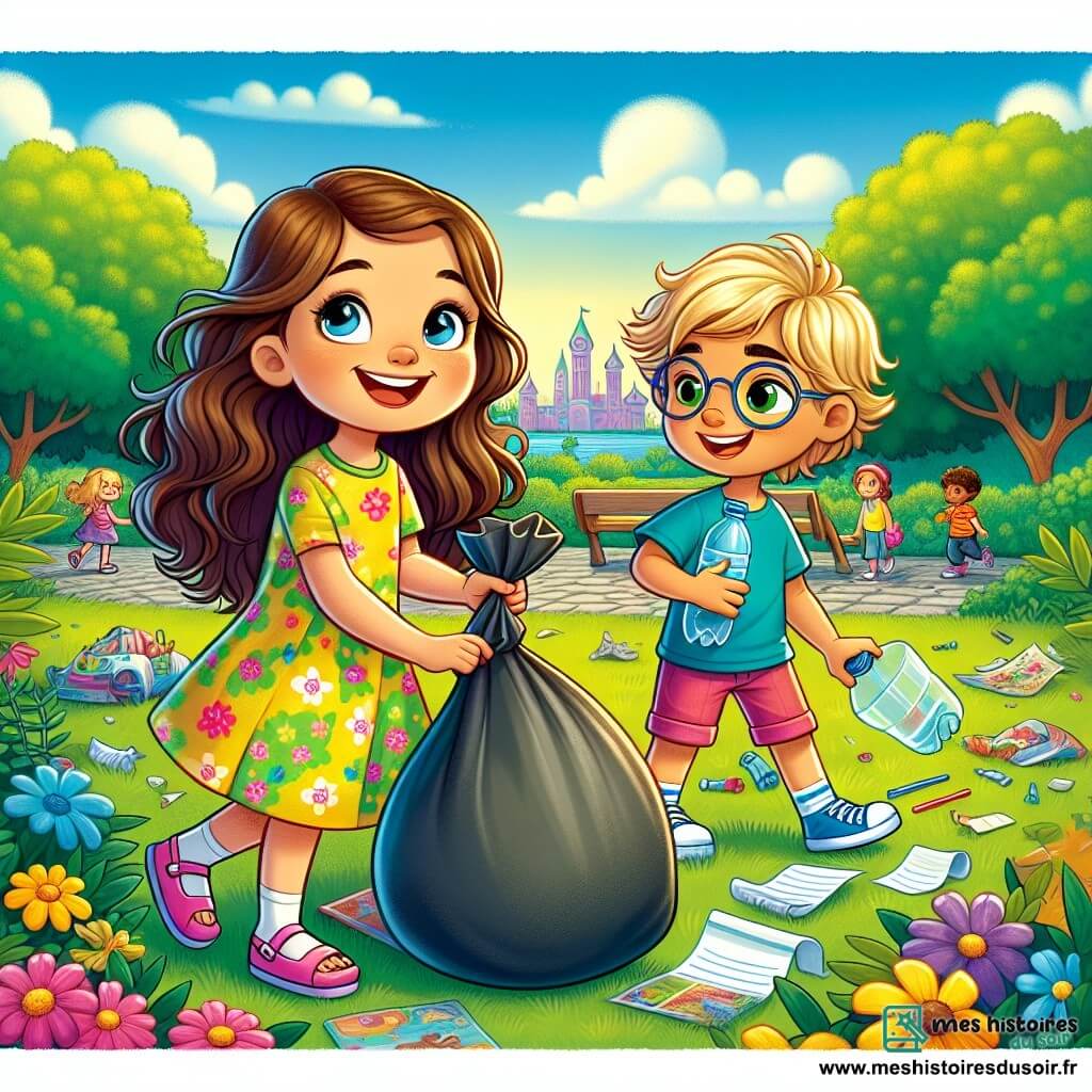 Lila, une petite fille de 6 ans aux longs cheveux bruns et aux yeux pétillants, sourit en tenant un grand sac poubelle. Elle porte une robe jaune à fleurs et des sandales roses, accroupie pour ramasser des déchets dans le parc. À ses côtés, Hugo, un garçon de 6 ans aux cheveux blonds et lunettes rondes, tient une bouteille en plastique, déterminé. Un peu plus loin, Emma, également âgée de 6 ans avec des cheveux bouclés et un t-shirt bleu, ramasse des papiers. Le parc, avec ses fleurs colorées et ses arbres verdoyants sous un ciel bleu, est parsemé de déchets. Lila et ses amis nettoient le parc en riant, transformant un lieu sale en un espace propre et joyeux.