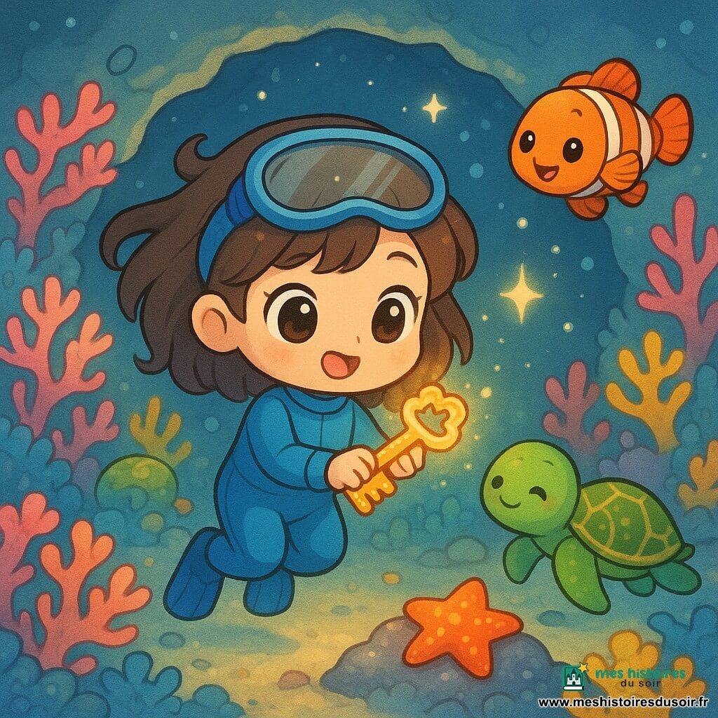 Mila, une fillette de 6 ans aux cheveux bruns et aux grands yeux curieux, porte une combinaison de plongée bleue et tient une clé d'écume brillante avec un sourire émerveillé. À ses côtés, Tiki, une petite tortue à la carapace verte avec des motifs dorés, nage tranquillement. Nino, un poisson-clown orange vif, effectue des pirouettes joyeuses autour d'eux. Stella, une étoile de mer aux couleurs vives, est accrochée à un rocher scintillant à proximité. Ils évoluent dans un jardin de corail coloré, où les coraux roses, bleus et jaunes forment un labyrinthe enchanteur. La scène principale montre Mila et ses amis découvrant une clé dans une grotte illuminée par des étoiles de lumière, créant une atmosphère magique.