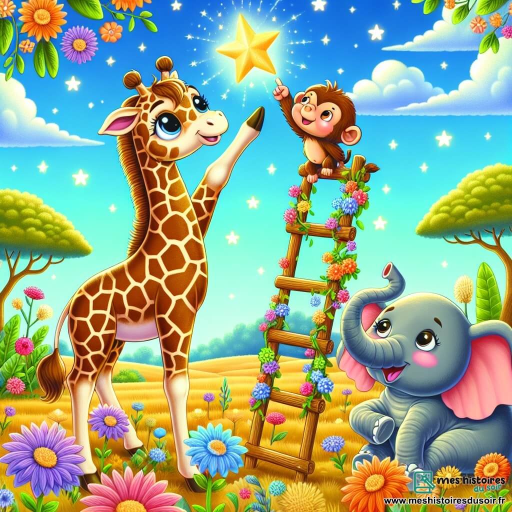 Une girafe nommée Gigi, avec un long cou et une peau tachetée, se tient sur une échelle faite de fleurs et de branches, émerveillée en touchant une étoile. À côté, un petit singe nommé Momo grimpe sur une branche en l'encourageant. En dessous, une éléphante sage, Éléna, applaudit, entourée de fleurs et de verdure. Le décor est une savane dorée sous un ciel bleu, créant une ambiance magique. La scène représente Gigi atteignant son rêve de toucher les étoiles, entourée de ses amis.