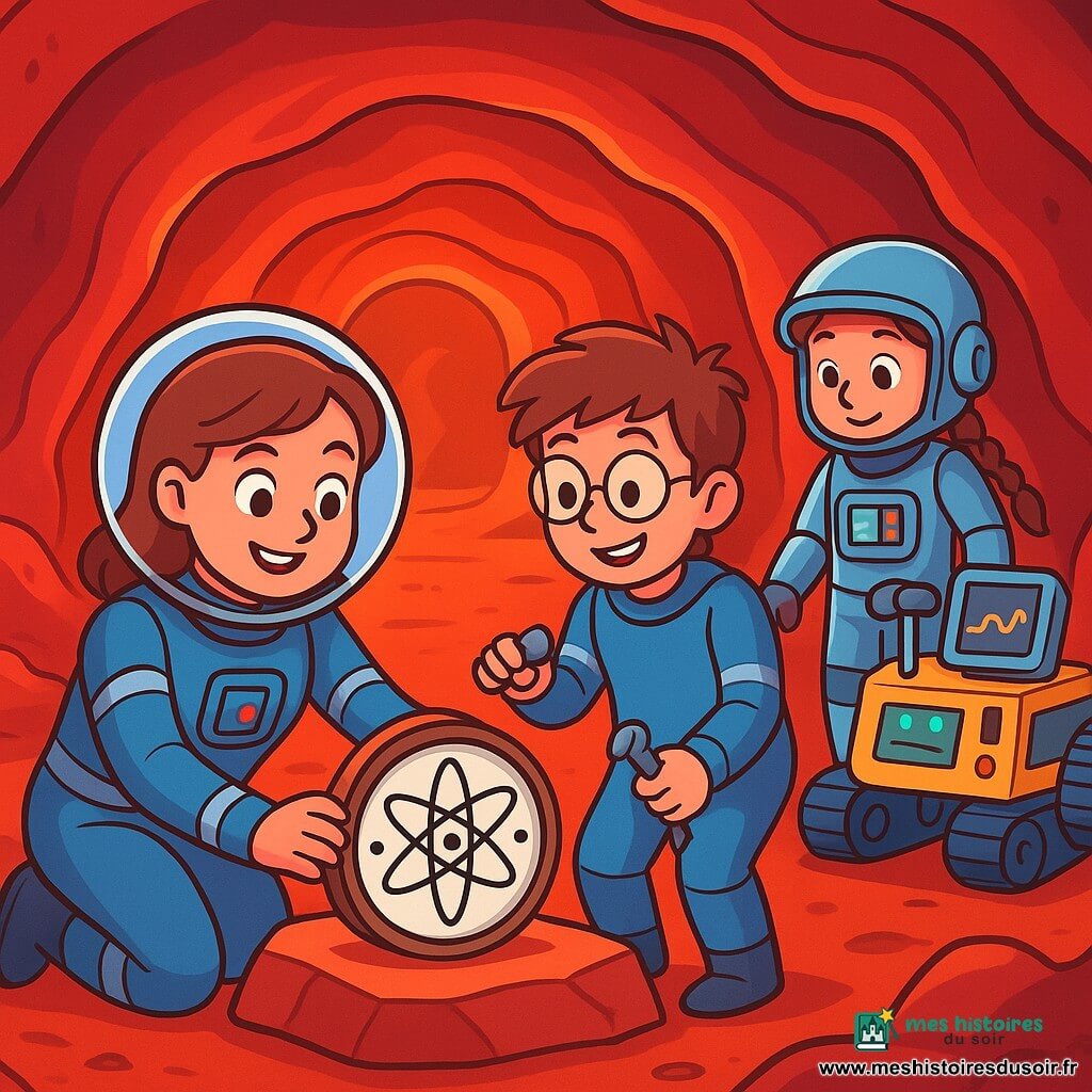 Léa, une femme souriante aux yeux curieux, porte une combinaison spatiale bleue avec des rayures argentées et pose une horloge atomique sur une pierre dans un tunnel de lave martien. À ses côtés, Max, un garçon de 12 ans aux cheveux bruns en bataille et lunettes rondes, l'aide avec un outil, admirant son travail. Clara, une fille de 10 ans avec des tresses et un casque, observe les écrans des robots porteurs, souriant en voyant Léa et Max. Le tunnel de lave, aux murs brillants de rouge et d'orange, est éclairé par des lampes, créant une atmosphère mystérieuse. Léa et son équipe synchronisent les horloges atomiques, unis par la joie de découvrir cet espace unique sur Mars.