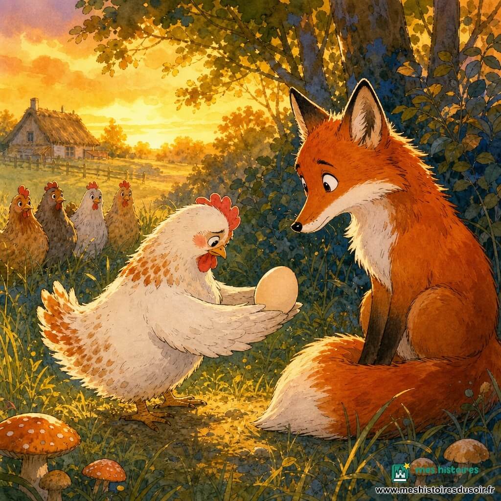 La poule Coquette, petite poule blanche honteuse mais déterminée, tend doucement un œuf crème sur ses ailes à un renard roux surpris et attendri, assis près d’un buisson tandis que d’autres poules regardent depuis la lisière d’un petit bois au soir doré, herbes hautes et ferme au loin, la scène baignée d’une lumière chaude évoquant réconciliation, émotion et pardon.