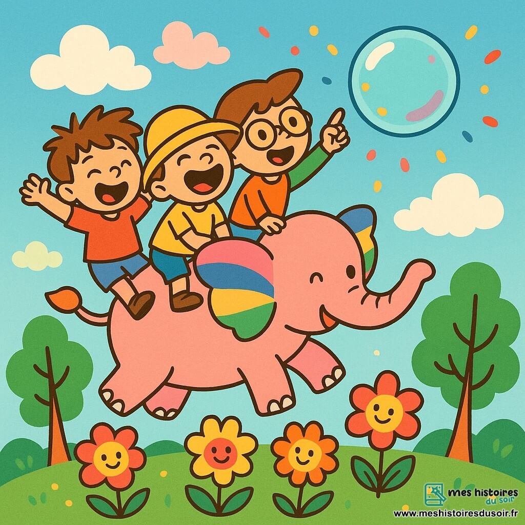 Trois amis, Léo, Tom et Max, tous âgés de 4 ans, sont réunis dans un jardin magique. Léo, avec des cheveux en bataille et un t-shirt rouge, saute de joie près d'un éléphant rose aux ailes colorées. Tom, portant un chapeau trop grand, rit à ses côtés, tandis que Max, avec des lunettes rondes, pointe vers le ciel. Ils sont sur le dos de l'éléphant volant, s'élevant au-dessus des arbres, avec une bulle de savon géante flottant devant eux et des confettis scintillants tombant autour.