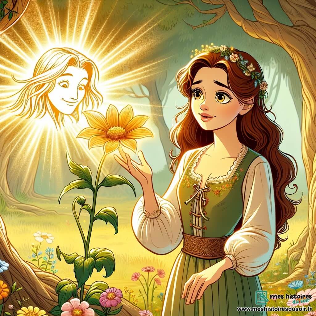 Eléonore est une jeune femme d'environ 20 ans, avec de longs cheveux châtains ondulés et des yeux pétillants de curiosité. Elle porte une robe en lin verte ornée de fleurs brodées et se tient devant une magnifique fleur dorée, rayonnante de lumière, avec un sourire émerveillé. À proximité, un esprit bienveillant, sous la forme d'une silhouette lumineuse, flotte au-dessus de la fleur, semblant encourager Eléonore. Le décor est un champ enchanteur au cœur d'une forêt magique, entouré d'arbres majestueux et d'un tapis de fleurs colorées, illuminé par des rayons de soleil. Eléonore, émerveillée, touche délicatement la fleur dorée, tandis que l'esprit lui révèle le pouvoir de son vœu. L'atmosphère est magique et pleine d'espoir, capturant l'essence d'un conte de fées.