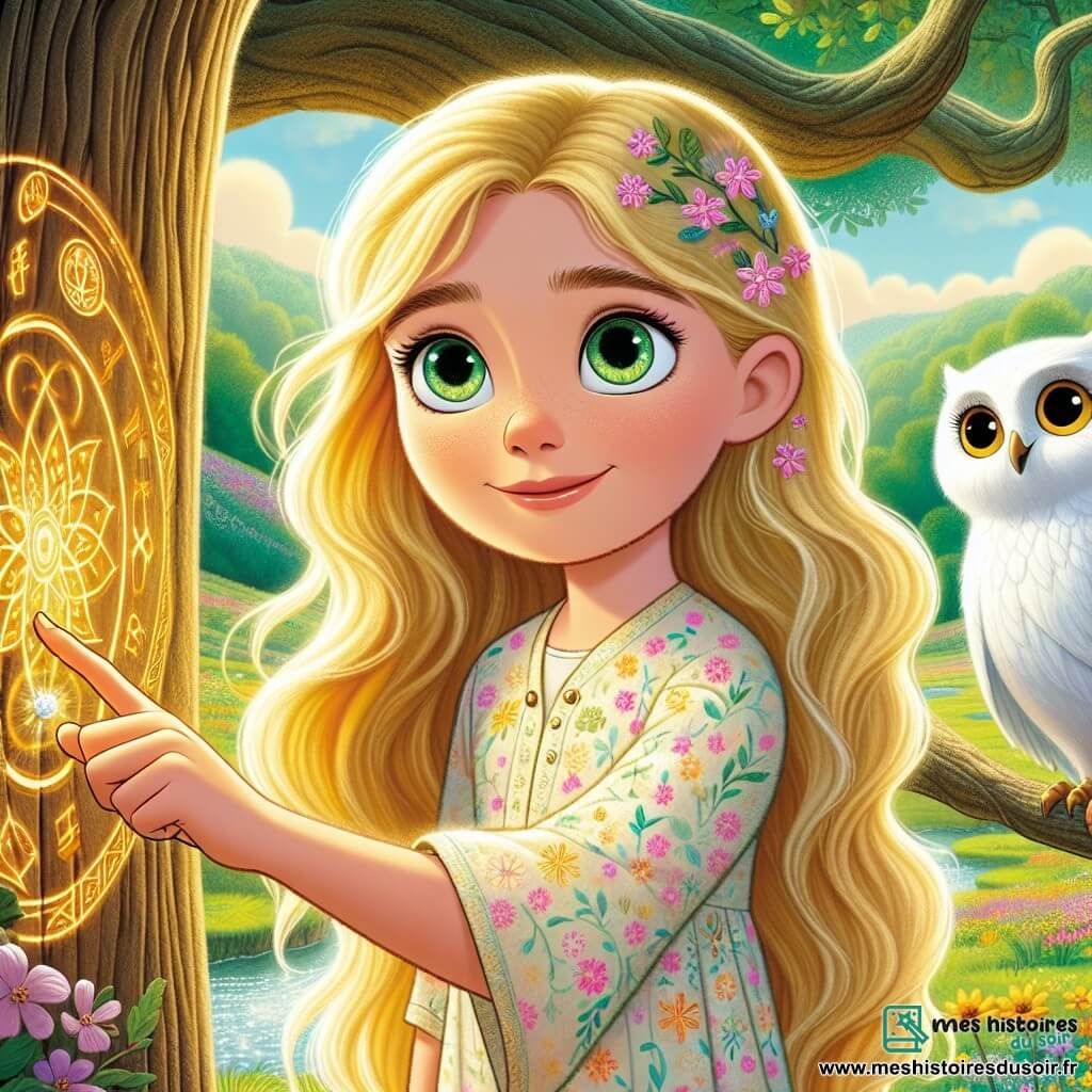 Au centre de l'image, Lira, une jeune fille d'environ 12 ans, sourit avec détermination. Elle a de longs cheveux dorés, des yeux verts pétillants et porte une robe légère à motifs floraux. Elle insère une clé scintillante dans un symbole mystérieux sur le tronc d'un grand chêne, mêlant courage et émerveillement. À côté, Olwen, une chouette sage aux plumes blanches et dorées, l'observe attentivement depuis une branche, semblant l'encourager. Le décor est la vallée Émeraude, un paysage enchanteur de fleurs colorées et de rivières scintillantes, sous un ciel bleu éclatant. Lira, déterminée, protège sa vallée en utilisant des clés magiques pour sceller le symbole d'un titan endormi, tandis qu'Olwen veille sur elle, prête à l'aider.