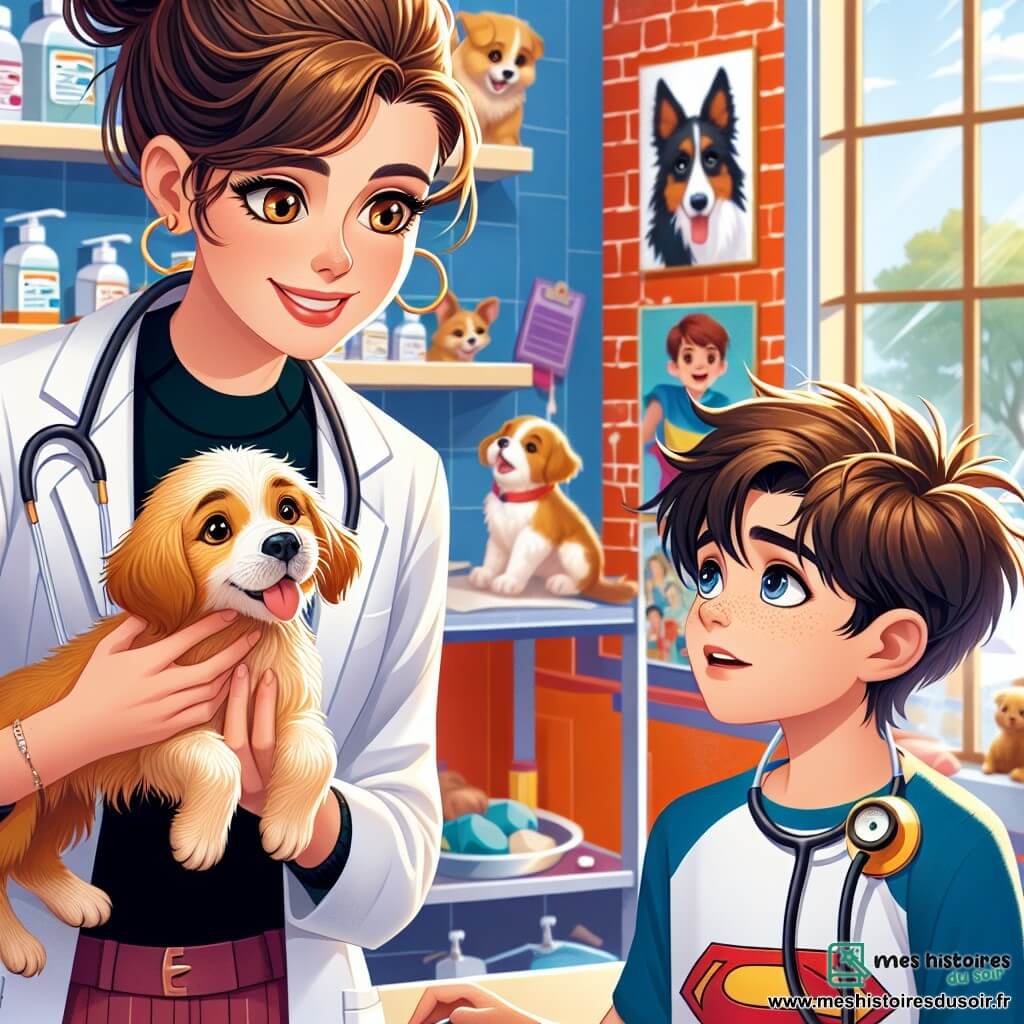 Au centre de l'image, la vétérinaire Dr. Camille Leclerc, une femme d'une trentaine d'années avec des cheveux châtains en chignon désordonné et des yeux noisette, examine un petit golden retriever qu'elle tient dans ses bras. Elle affiche un sourire chaleureux, alliant concentration et bienveillance. À ses côtés, Lucas, un garçon de douze ans aux cheveux en bataille et en t-shirt de super-héros, observe avec fascination, tenant un stéthoscope et impatient d'apprendre. La scène se déroule dans une clinique vétérinaire colorée, avec des murs en briques rouges et des fresques d'animaux. L'image illustre l'apprentissage et la compassion entre la vétérinaire et le jeune passionné par les animaux.