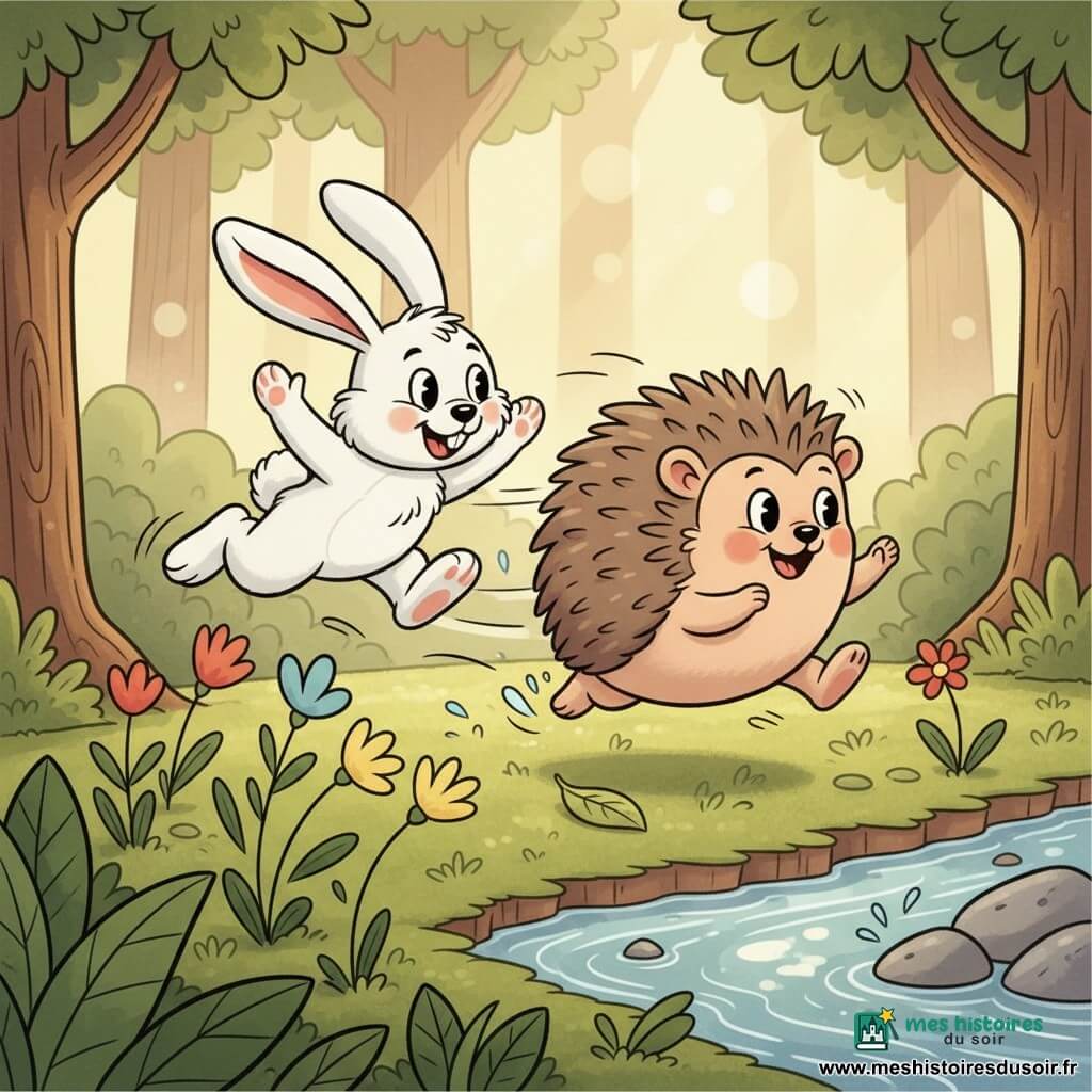 Un petit hérisson joyeux (yeux ronds brillants, large sourire, joues roses, piquants brun clair, corps rond, petites pattes) en plein saut vers la droite et un lapin blanc nommé Léo (pelage duveteux, longues oreilles souples, sourire malicieux) sautant vers lui, jouant au bord d’un ruisseau peu profond aux cailloux lisses, quelques fleurs colorées, mousse verte et arbres en arrière-plan, lumière tachetée, lignes de mouvement et expressions rieuses, palette pastel chaude et contours noirs épais style cartoon rétro.