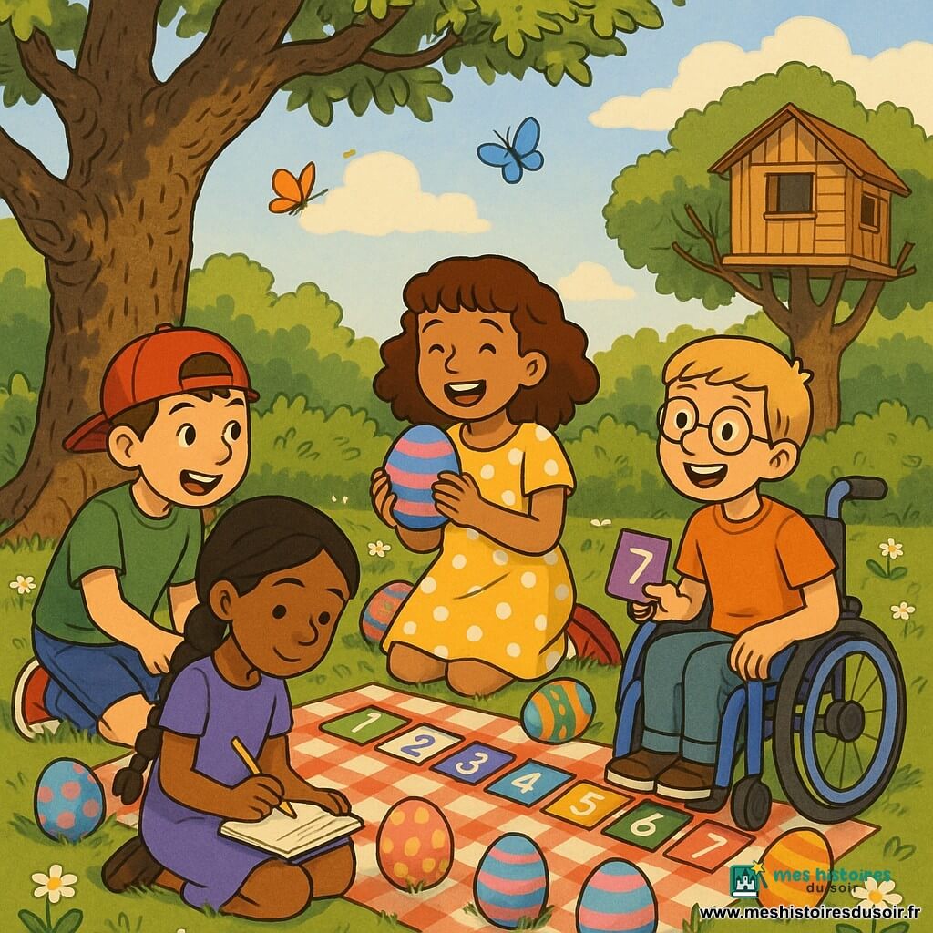 Quatre enfants sous un pommier dans un jardin de printemps organisent une chasse aux œufs : Lila, 7 ans, cheveux bouclés châtains, robe jaune à pois blancs, rit en tenant un œuf rayé rose et bleu ; Tom, 8 ans, cheveux courts bruns, casquette rouge à l’envers et T-shirt vert, pointe vers des étiquettes sur une nappe à carreaux rouge et blanc ; Inès, 8 ans, cheveux longs noirs en tresse, robe violette, carnet et crayon à la main, est assise et lit une phrase avec concentration ; Maxime, 8 ans, cheveux blonds courts, lunettes rondes, en fauteuil roulant bleu, sourit en tenant une étiquette violette numérotée 7. Autour d’eux œufs multicolores et petites étiquettes numérotées sur la nappe, pelouse parsemée de pâquerettes, vieille cabane dans un chêne en arrière-plan, lumière douce de fin d’après-midi, quelques papillons, ambiance joyeuse et calme, style BD franco-belge aux couleurs vives et contours nets.