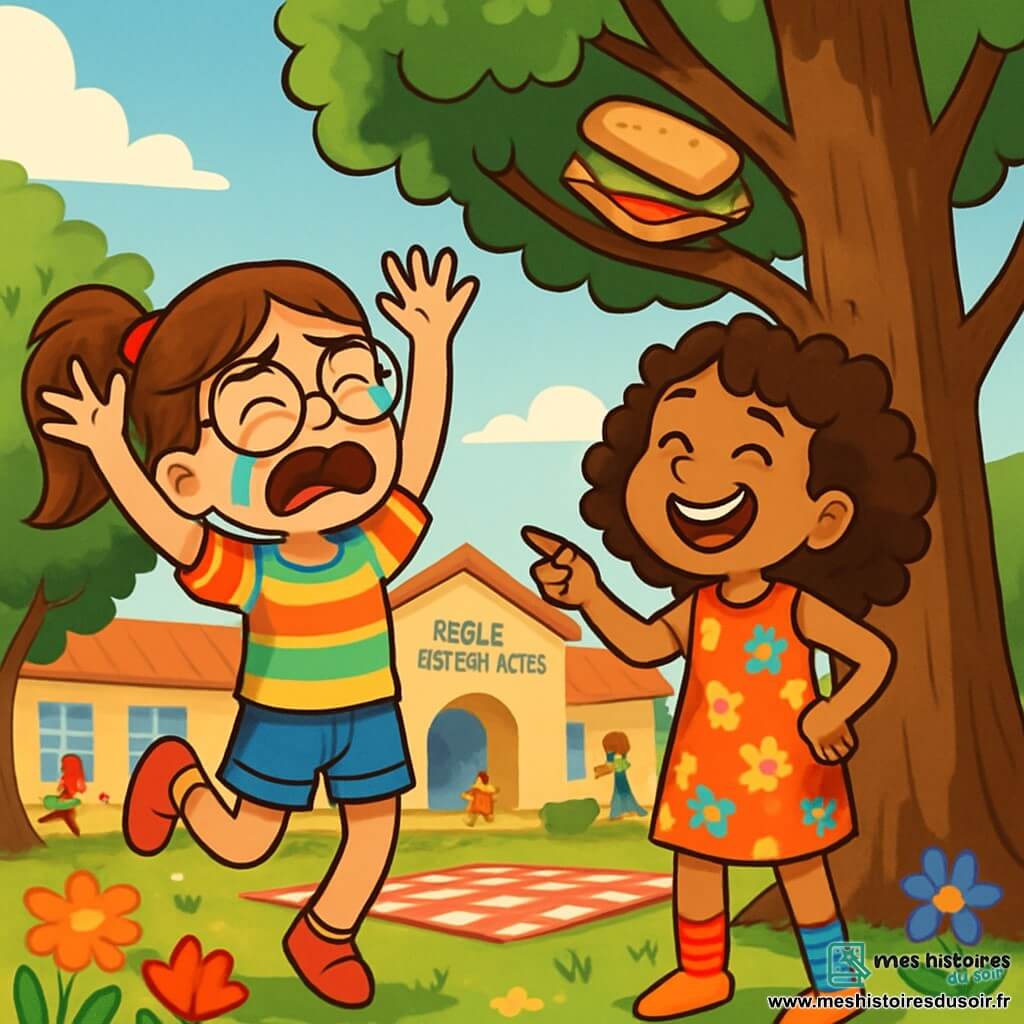 Il y a deux personnages principaux : Manon, une fille de 8 ans avec de grandes lunettes rondes et des cheveux châtains en queue de cheval, portant un t-shirt à rayures colorées et un short en jean, qui saute avec un air désespéré devant un arbre ; et Zoé, également âgée de 8 ans, avec des cheveux bouclés et des chaussettes dépareillées, vêtue d'une robe à fleurs, qui rigole en pointant un sandwich coincé dans l'arbre. L'histoire se déroule dans la cour de l'école Arc-en-ciel, un espace verdoyant avec des fleurs colorées et de grands arbres. Manon et Zoé, souriantes, essaient de récupérer le sandwich emporté par le vent, créant une scène joyeuse et camarade.
