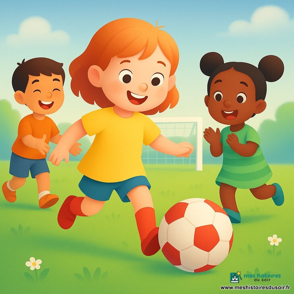 Zoé, environ 6 ans, sourit et donne un coup de pied doux à un ballon blanc et rouge au premier plan; elle porte des chaussettes rouges montantes, un short bleu et une tunique jaune. Lila, aussi 6 ans, cheveux en couettes, applaudit et court à droite en maillot vert à rayures. Tom, environ 7 ans, cheveux bruns courts, rit et tend les mains pour recevoir le ballon, un peu à gauche et en retrait. Le tout se déroule sur une pelouse verte parsemée de petites fleurs, avec un but en bois blanc en arrière-plan et un ciel bleu clair; lumière douce, couleurs saturées, ambiance de jeu, partage et camaraderie.