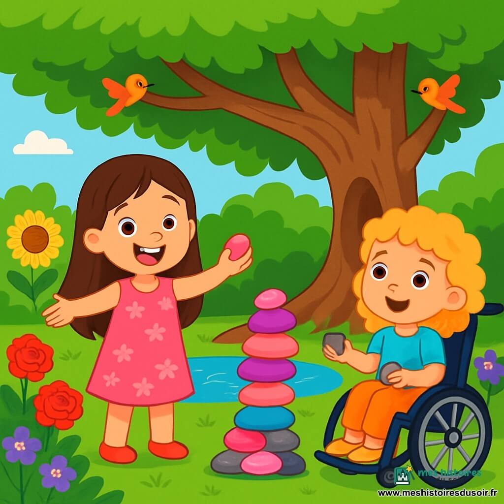 Il y a deux personnages principaux : Clara, une fille de 8 ans aux longs cheveux bruns et au sourire éclatant, portant une robe rose à fleurs, et Maëlys, une fille de 8 ans avec des boucles dorées et des yeux pétillants, assise dans un fauteuil roulant décoré de stickers colorés. L'histoire se déroule dans un jardin secret enchanteur, rempli de fleurs aux couleurs vives et d'un petit étang scintillant. Clara et Maëlys ramassent des cailloux colorés autour de l'étang ; Clara, avec un caillou rose, exprime sa joie, tandis que Maëlys, tenant un caillou gris, partage sa tristesse. Elles créent une pile de cailloux sous l'arbre géant, symbolisant leurs émotions.