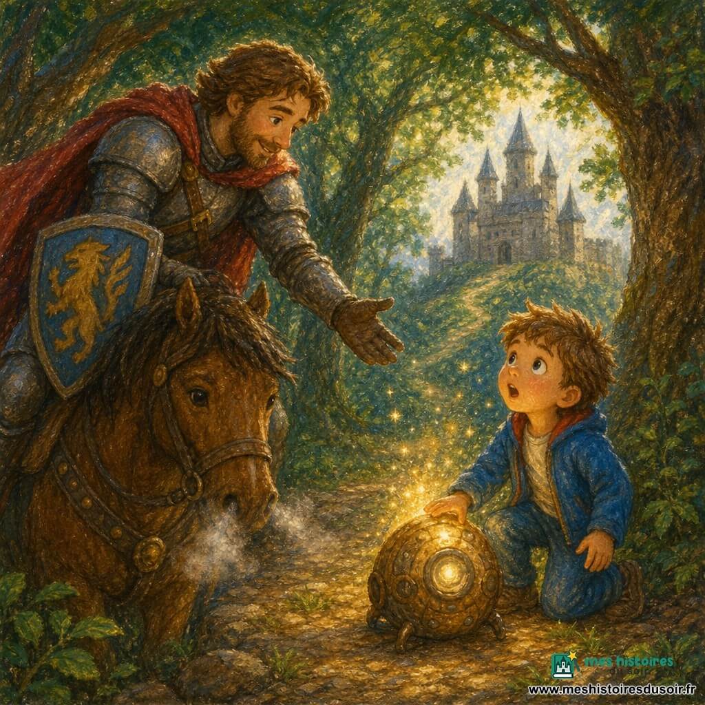 Timothée, 4 ans, cheveux châtain clair en bataille, veste bleue et jean, bouche entrouverte et yeux écarquillés, pose une main sur une petite machine ronde qui émet une douce lueur dorée ; un chevalier d’environ 30–40 ans en armure simple et cape rouge, sourire bienveillant, est assis sur un cheval brun à gauche et tend la main pour l’aider, son bouclier affichant un blason stylisé ; le cheval brun souffle de la vapeur et regarde Timothée calmement ; en arrière-plan une forêt dense de chênes laisse filtrer des rayons de lumière et, au loin, un château médiéval gris se dessine sur une colline dans une légère brume — Timothée vient d’arriver par voyage dans le temps, la machine scintille à ses pieds, le chevalier le guide vers la forêt et le château dans une atmosphère d’aventure douce et sécurisante, couleurs chaudes et contrastées, textures épaisses au pastel gras, traits arrondis et expressions lisibles pour les enfants.