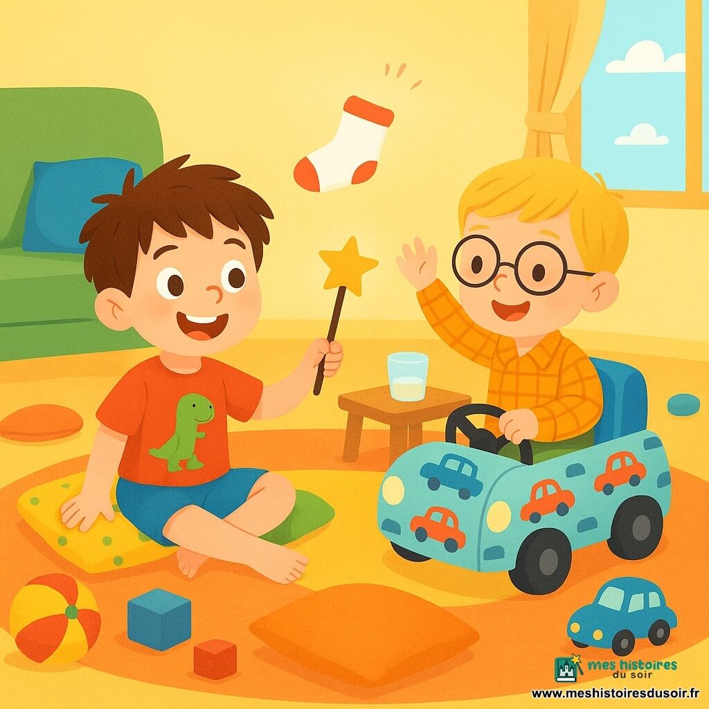 Malo, un garçon de 6 ans aux cheveux bruns en bataille, porte un t-shirt rouge avec un dinosaure et un short bleu. Il est assis sur le sol, souriant, entouré de coussins colorés. Tom, également âgé de 6 ans, a des cheveux blonds, des lunettes rondes, une chemise à carreaux et un pantalon vert. Il joue avec son fauteuil décoré de motifs de voitures, à côté de Malo. L'action se déroule dans un salon lumineux aux murs jaunes pastel, avec un grand tapis moelleux et des jouets éparpillés. Ils découvrent une vieille baguette magique sous un coussin, tandis qu'une chaussette saute sur la table et qu'un verre fait coin-coin, créant une ambiance amusante et magique.