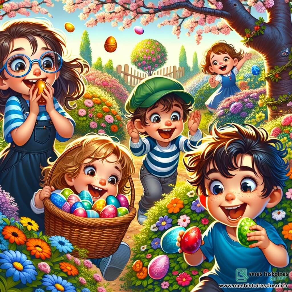 Dans un jardin fleuri, quatre amis se réunissent pour une chasse aux œufs de Pâques. Alice, 8 ans, souriante avec un panier d'œufs colorés, est près d'un cerisier. Max, 9 ans, accroupi, tient un œuf en chocolat rouge trouvé près d'un buisson. Léo, 7 ans dans un fauteuil roulant, admire un œuf doré devant lui. Clara, 8 ans, saute de joie avec un œuf vert brillant à côté de fleurs colorées. Le jardin est lumineux, rempli de fleurs vives et de papillons. Les enfants, excités, s'apprêtent à explorer le jardin à la recherche d'œufs en chocolat et d'œufs enchantés pour une aventure magique.