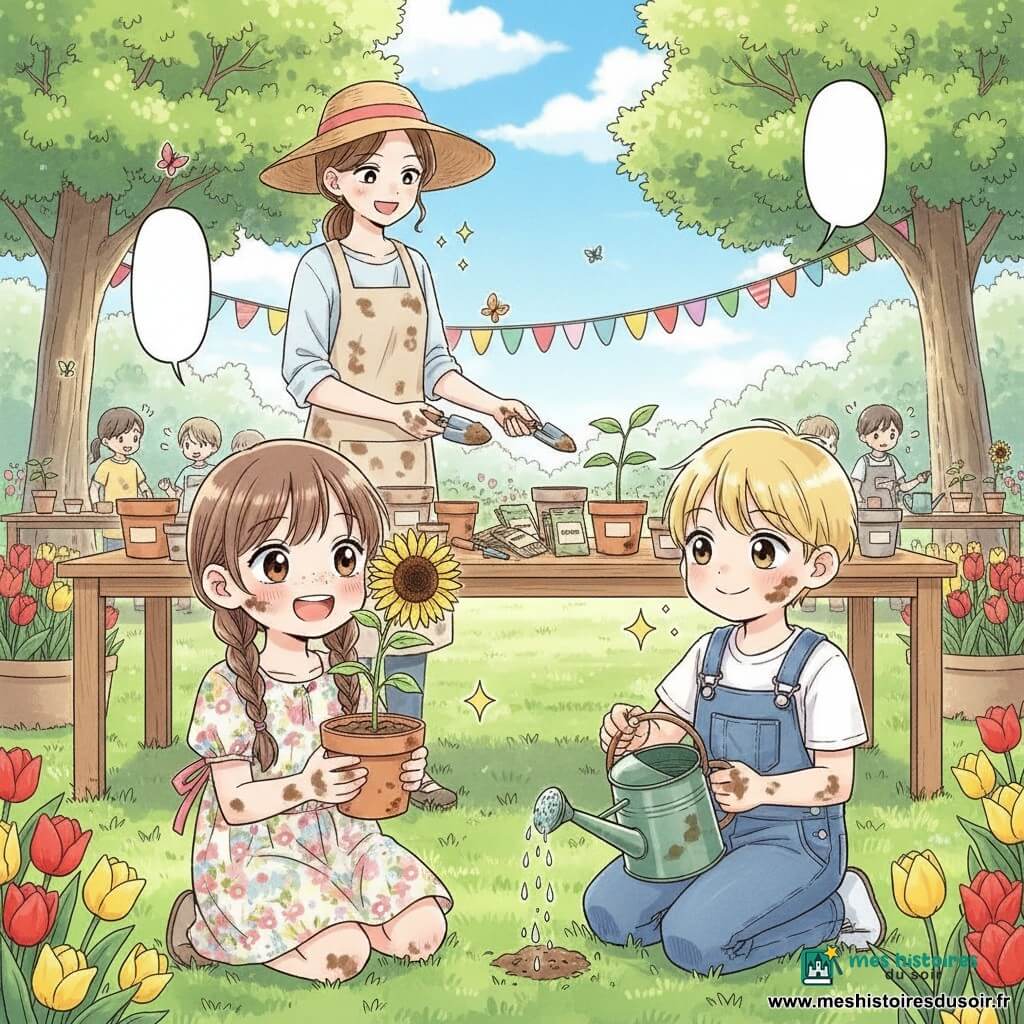 Fille de 8 ans joyeuse et émerveillée, cheveux châtains en deux tresses, taches de rousseur, robe à fleurs pastel, tenant un petit pot en terre avec un jeune tournesol ; garçon de 8 ans (Tom), enthousiaste et concentré, cheveux blonds courts, salopette en jean, accroupi à côté d'elle avec un arrosoir métallique vert et gouttes d'eau scintillantes sur la terre ; femme d'environ 35 ans souriante, chapeau de paille, tablier beige taché, debout derrière une table en bois remplie de pots, paquets de graines et outils de jardinage, tendant une pelle ; atelier de jardinage printanier dans un parc lumineux (pelouse verte, massifs de tulipes rouges et jaunes, guirlandes entre les arbres, tables en bois, guirlandes de papier, ciel bleu, papillons et abeilles), enfants aux mains terreuses, rires au soleil du matin, composition centrée sur la fille avec le pot, couleurs vives et palette printanière, style manga pour enfants aux traits doux, expressions exagérées et chaleureuses.
