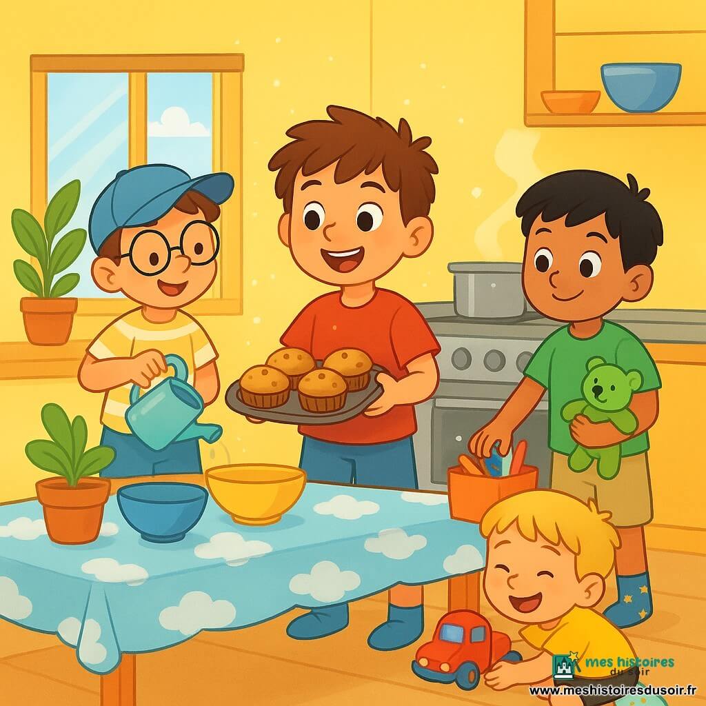 Quatre enfants sont réunis dans une cuisine ensoleillée. Léo, un garçon de 6 ans avec des cheveux bruns, porte un t-shirt rouge et tient une assiette de muffins. Tom, également âgé de 6 ans, est à gauche de Léo, versant de l'eau sur une plante, portant une casquette bleue et des lunettes rondes. Sami, à droite de Léo, range des crayons colorés avec un doudou vert à la main, vêtu d'un t-shirt vert. Hugo, accroupi, tient un camion en plastique, portant un t-shirt jaune. La cuisine est chaleureuse, avec une table en bois et des bols colorés, tandis que les enfants préparent des muffins, s'entraidant et créant une atmosphère joyeuse.