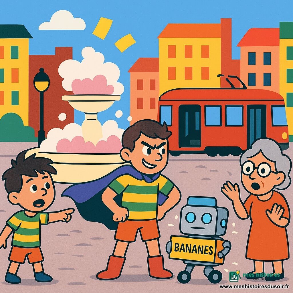 Léo, alias Super-Patate, héros comique au sourire malicieux et cape bleu‑violet qui gratte, porte un T‑shirt rayé jaune et vert, pantalon court orange et bottes rouges, retenant sa cape comme pour s'élancer; à sa gauche, un garçon émerveillé pointe la grande fontaine centrale qui crache une mousse blanche et rose débordante, à droite une vieille dame aux cheveux gris et lunettes lève les mains de surprise; au centre, un petit robot‑livreur métallique à yeux lumineux bleus roule en rond, tenant une caisse étiquetée «bananes» et affichant une expression confuse; un tramway rouge avec porte ouverte apparaît derrière et des tickets jaunes s'envolent comme des papillons; lieu : place pavée avec immeubles colorés et lampadaires — chaos drôle et dynamique, Super-Patate prêt à intervenir.