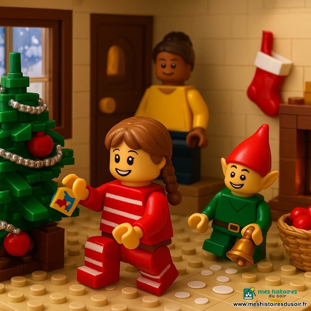 Lila, 6 ans, cheveux châtain clair en tresses, souriante et émerveillée, accroupie devant un sapin vert aux aiguilles détaillées, portant un pull rouge à rayures blanches et des chaussettes rayées, accroche une petite carte colorée à une branche tandis qu'un lutin farceur miniature en tenue verte et bonnet rouge, aux yeux malicieux, se cache à moitié derrière une branche en tenant un grelot doré; de petites empreintes de papier lumineuses serpentent sur le tapis jusqu'au sapin; au second plan, une femme d'environ 35 ans, silhouette floue près de la porte, observe en souriant; salon chaleureux et encombré de décorations (guirlandes argentées, boules rouges dans un panier, botte de Noël à la cheminée, confettis, fenêtre givrée sur une rue enneigée), ambiance cosy aux couleurs chaudes et éclairage doux, textures de laine, bois et papier visibles.